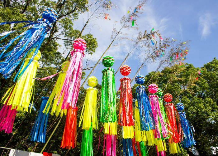 Colorful paper decorations at the Textile Thanksgiving Ichinomiya Tanabata Festival.